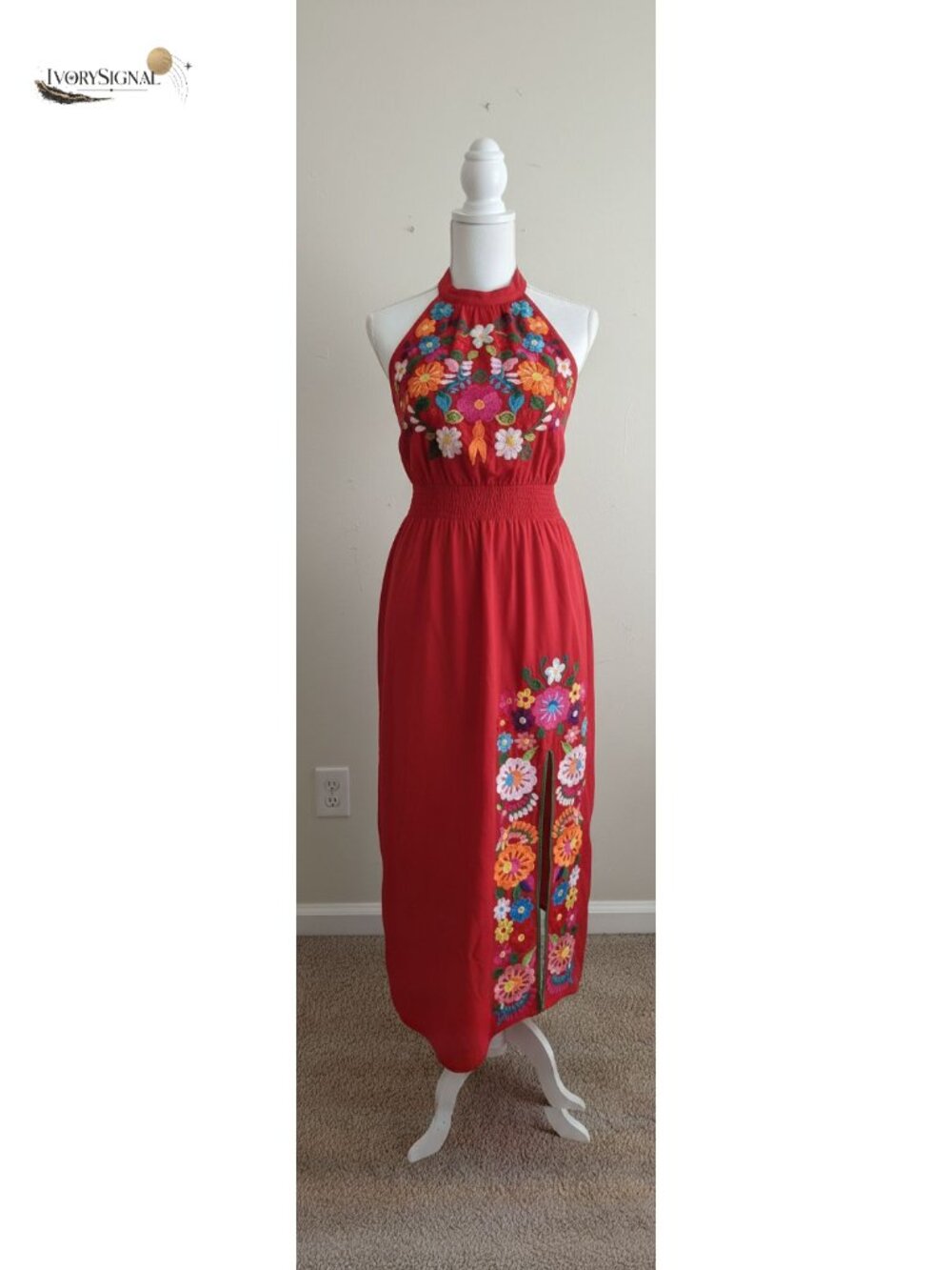 Women's Mexican Floral Embroidered Halter Maxi Dress Side Slit Cotton
